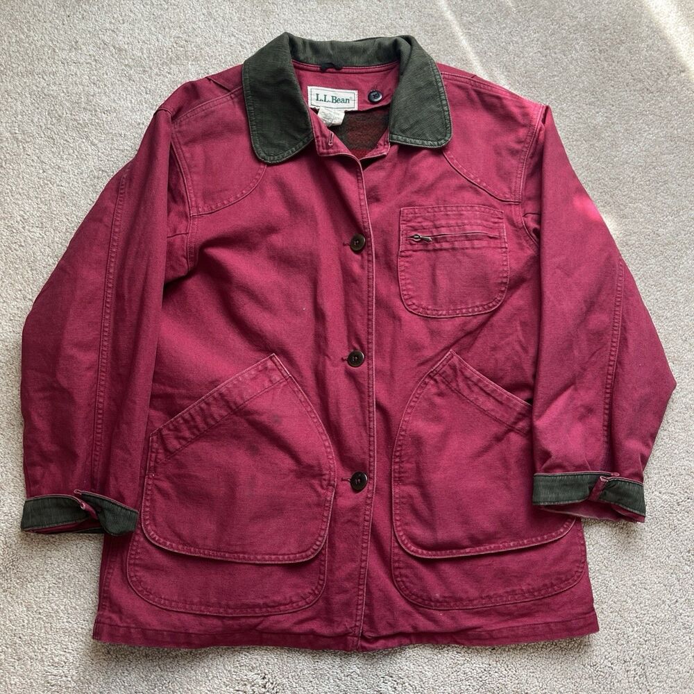 Vintage LL Bean Chore Coat Canvas Corduroy Womens Medium Petite Red Flannel 90s